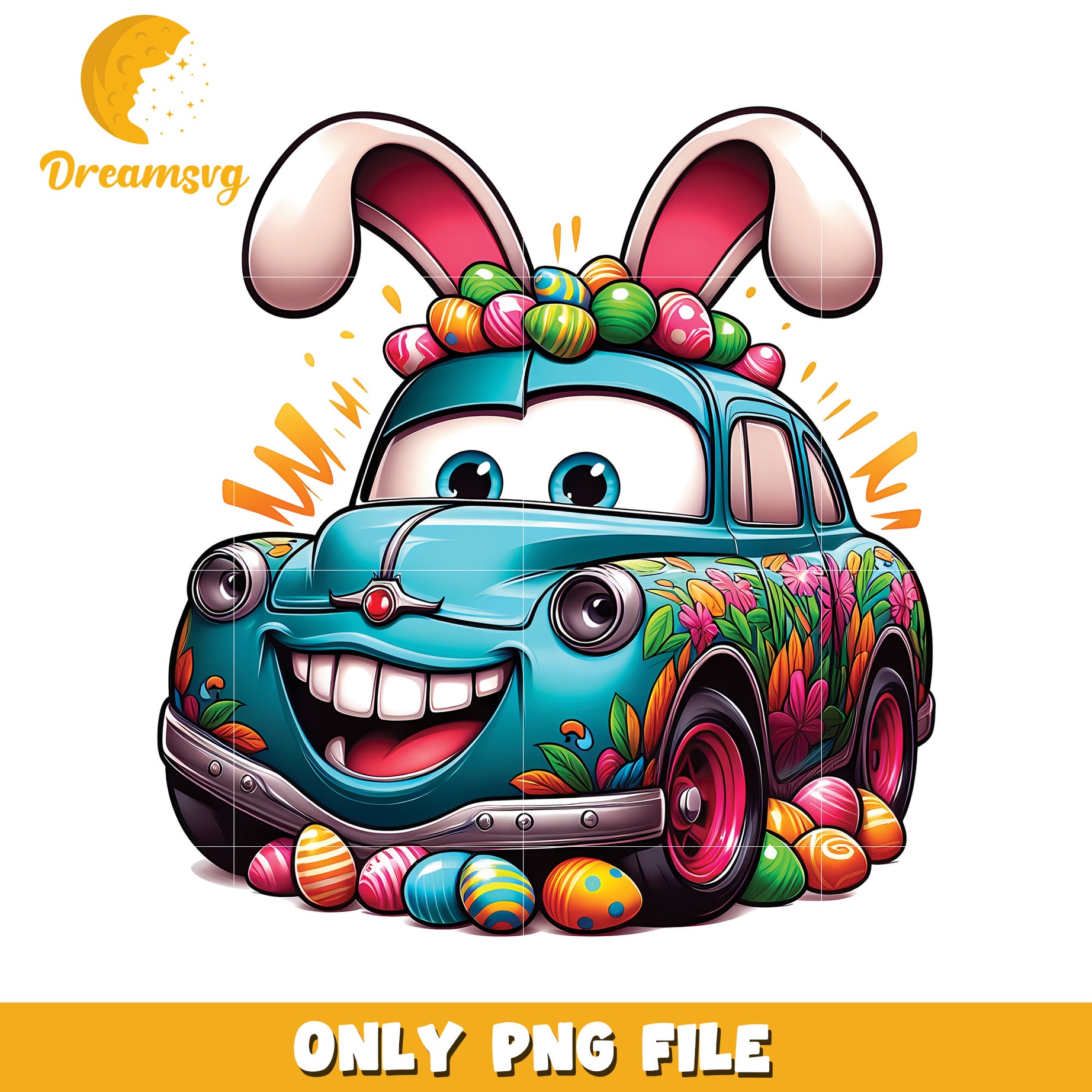 Colorful Easter Bunny Car PNG with Floral Design and Eggs