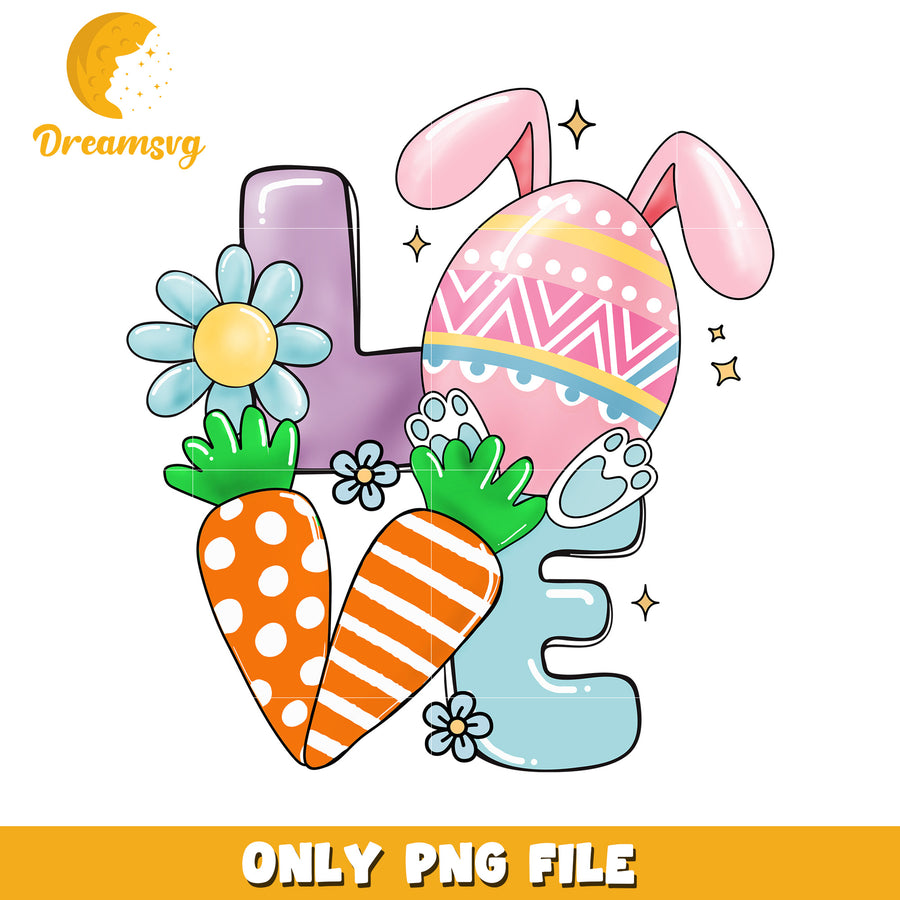 Colorful Easter Love Design with Bunny and Carrots PNG