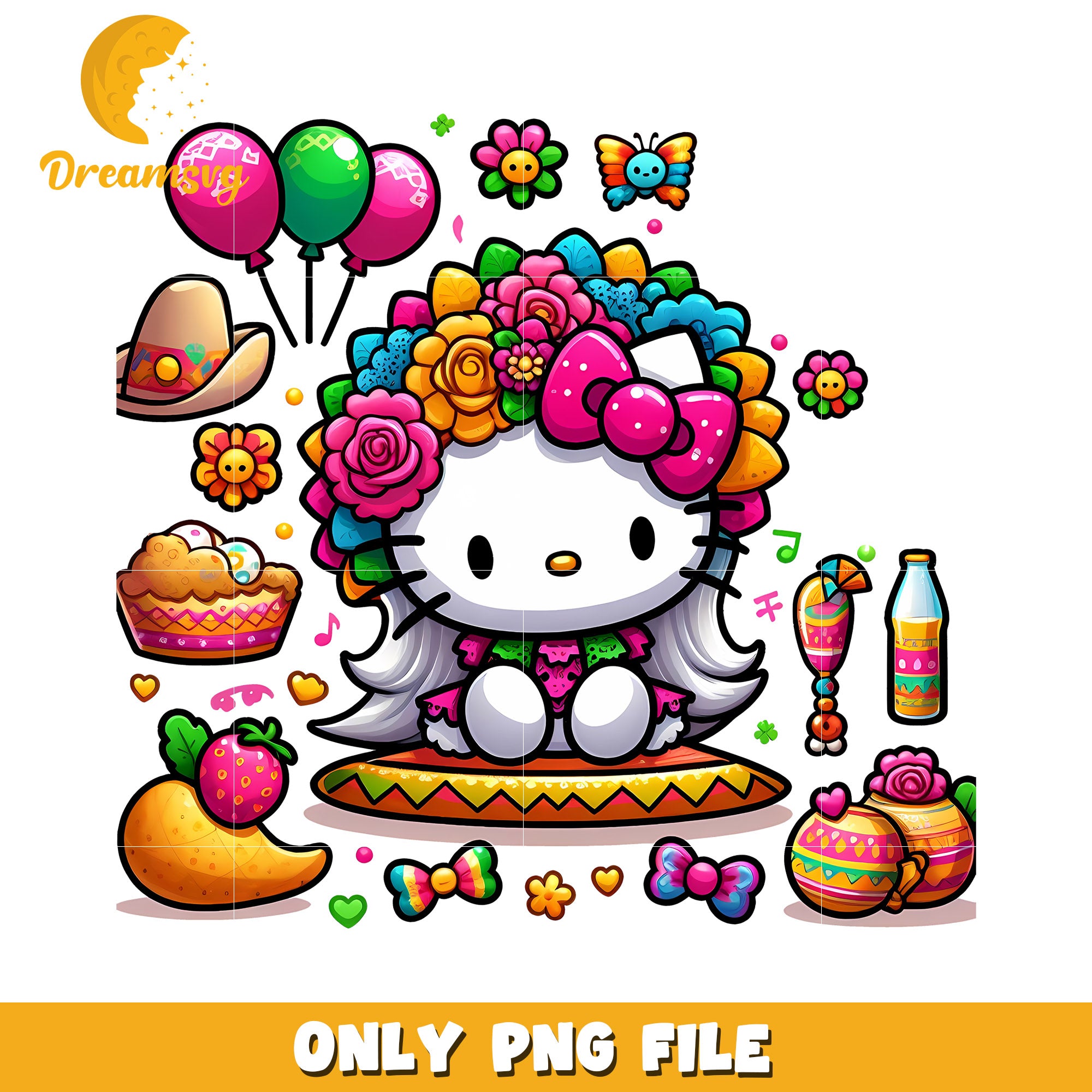 Colorful Hello Kitty PNG File with Balloons and Flowers Design
