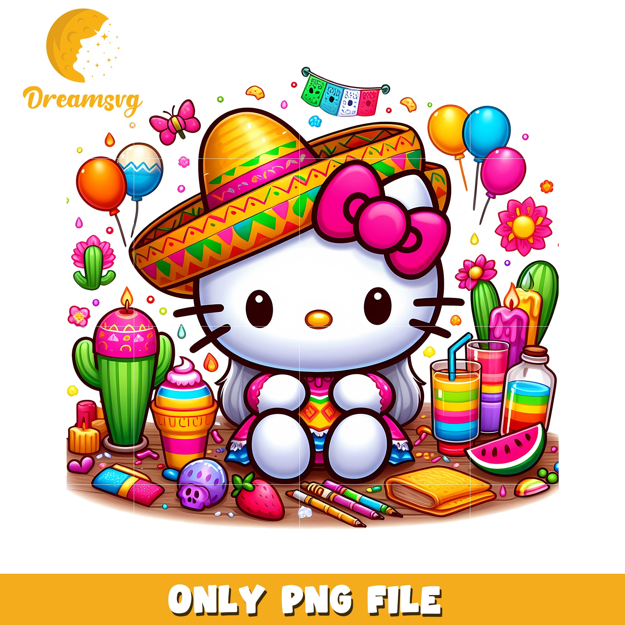 Colorful Hello Kitty PNG File with Cactus and Festive Decor