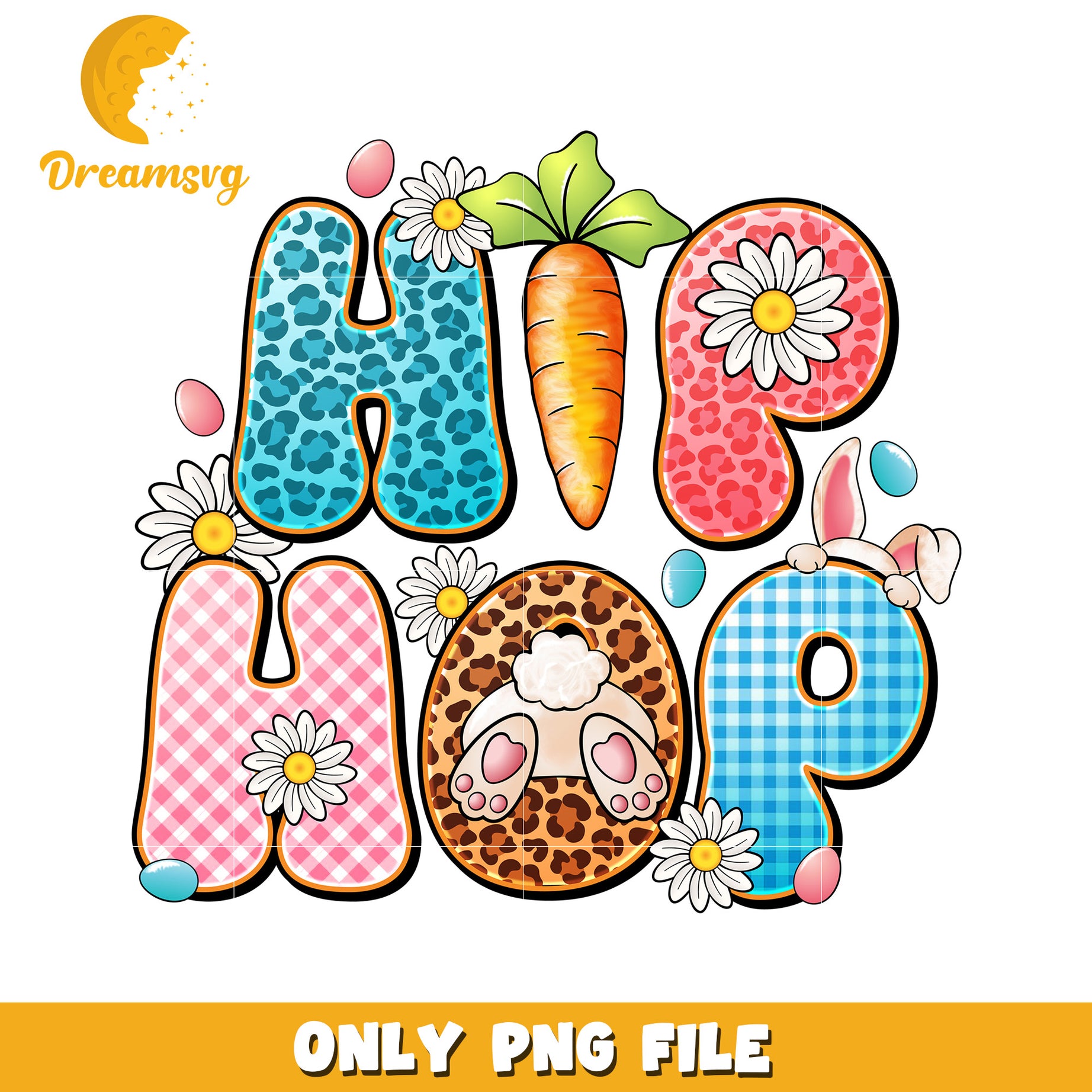 Colorful Hip Hop Easter Design with Bunny and Carrot PNG