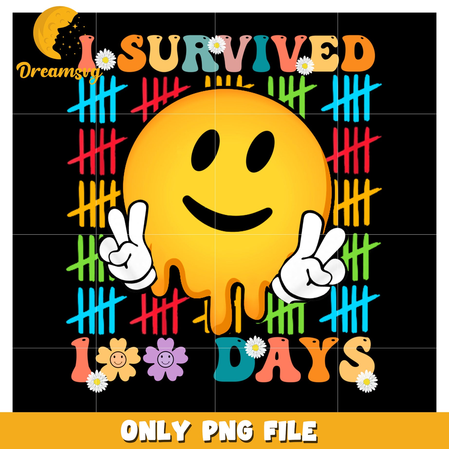 Colorful I Survived 100 Days Smiley Face PNG Artwork