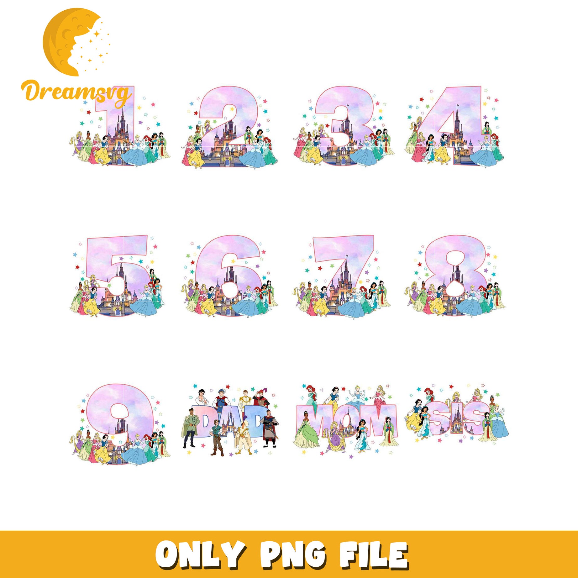 Colorful Princess Number and Word Bundle PNG File Download