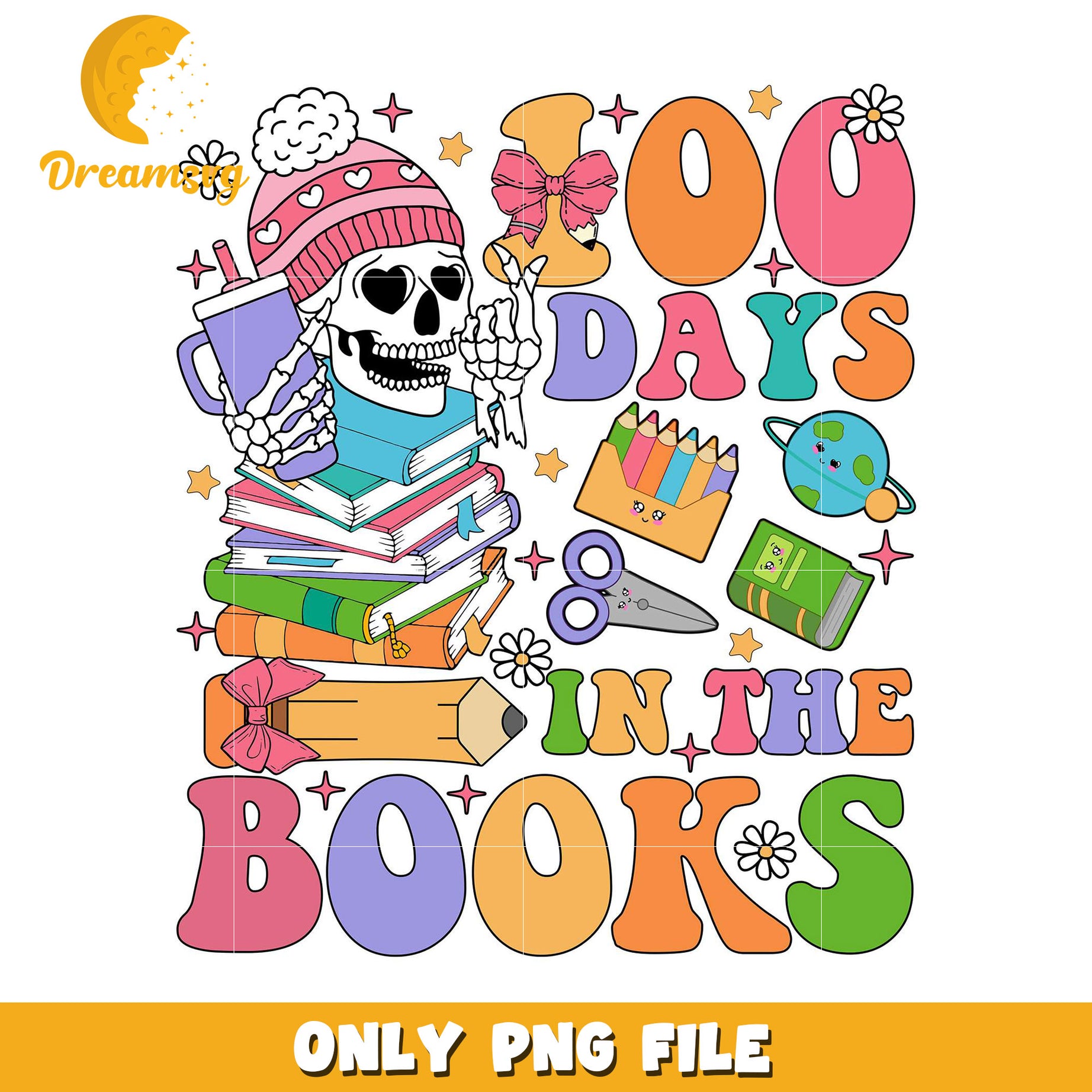 Colorful Skeleton 100 Days in the Books PNG Design