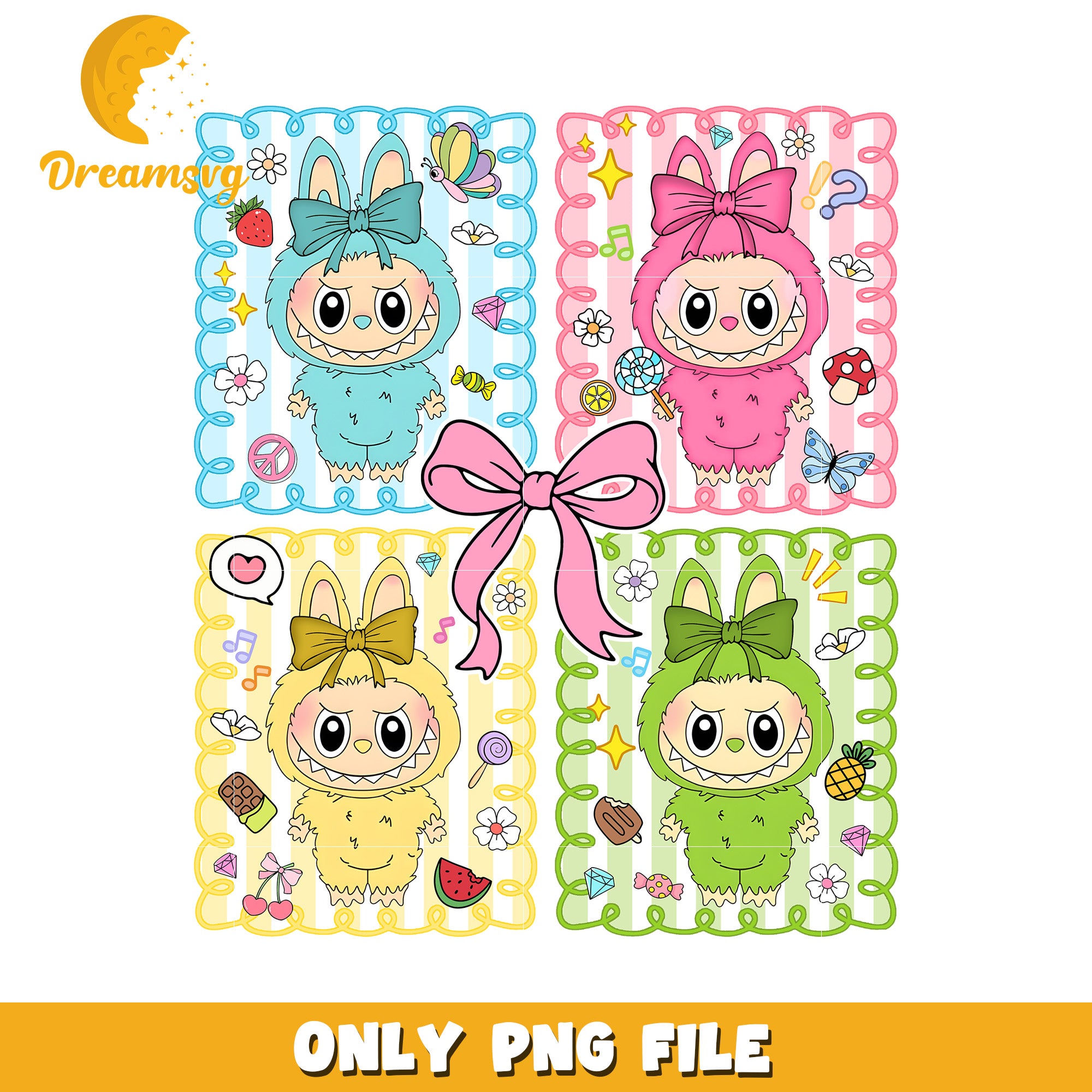 Colorful characters labubu png, all popmart characters​ png, labubu art​ png