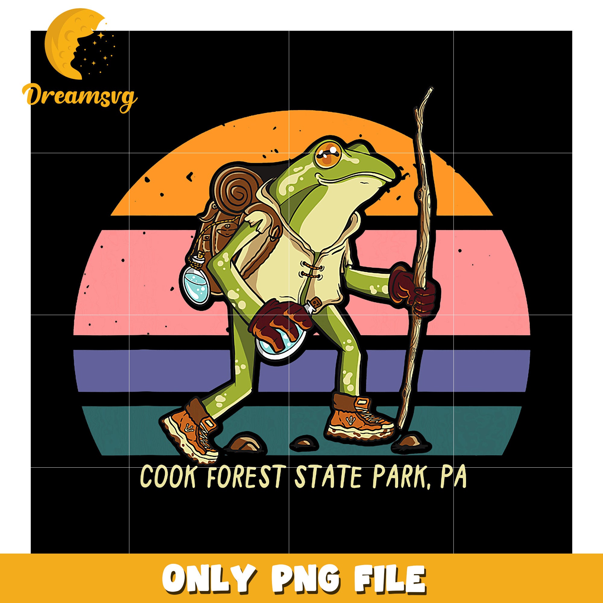 Cook Forest Frog PNG Retro Hiking Design