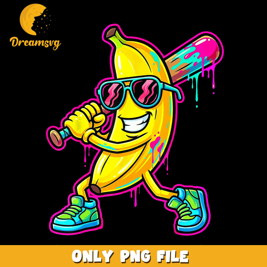 Cool Banana Baseball Bat With Sunglasses PNG, Funny Fruit, Sports PNG