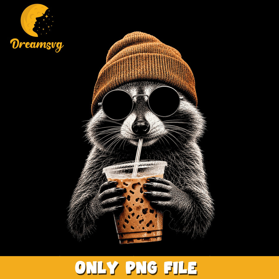 Cool Raccoon PNG, Coffee Lover Theme, Fun Design PNG