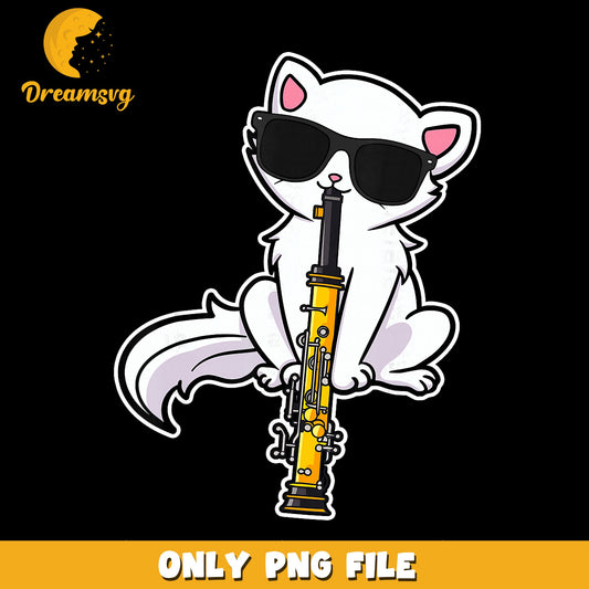 Cool White Cat Playing Clarinet Sunglasses PNG, Music Cat, Funny PNG