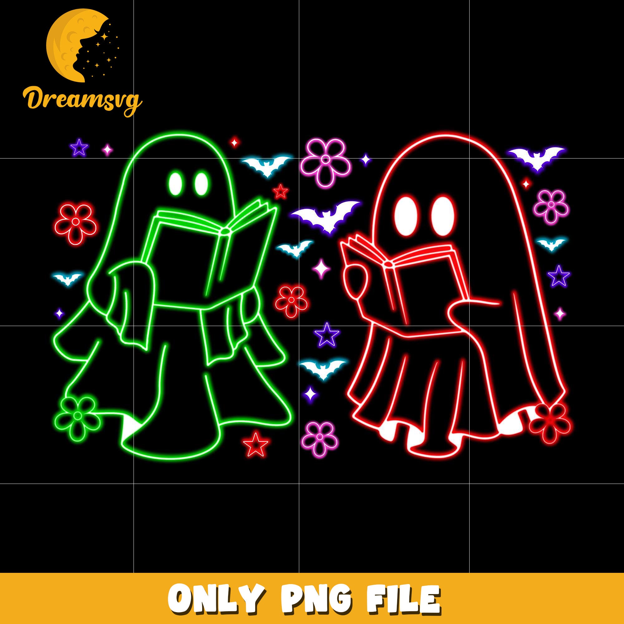 Couple ghouls reading books neon png, spooky autumn​ png, trick or treat png