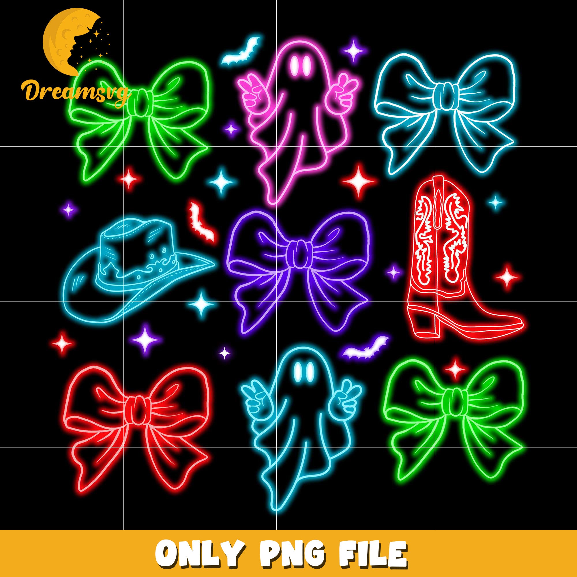 Cowboy hat and boots neon png, spooky autumn​ png, trick or treat png