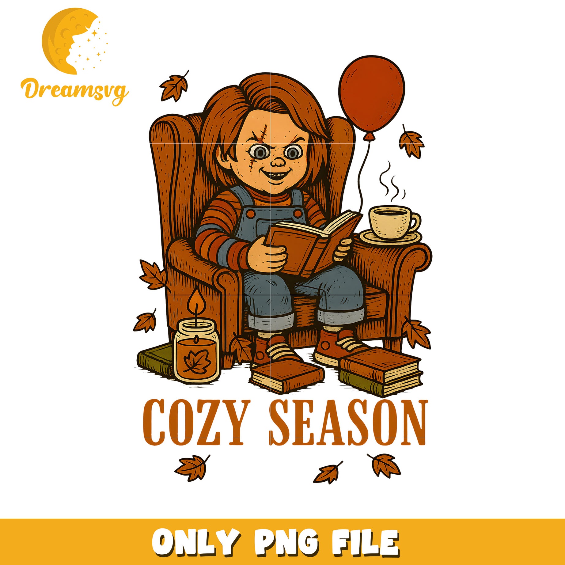 Cozy season chucky png, halloween png, halloween toys png