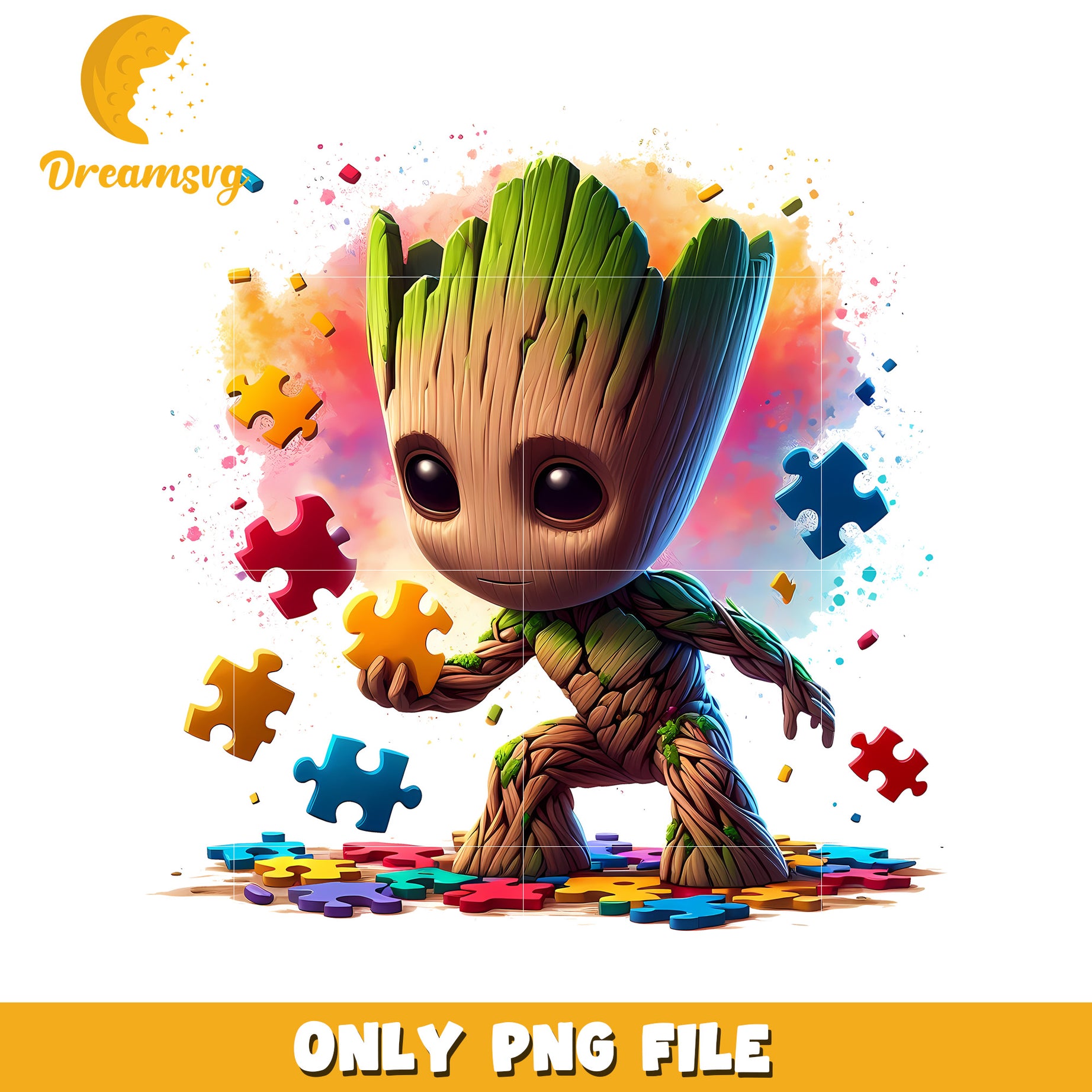 Creative Groot Character with Colorful Puzzle Pieces PNG