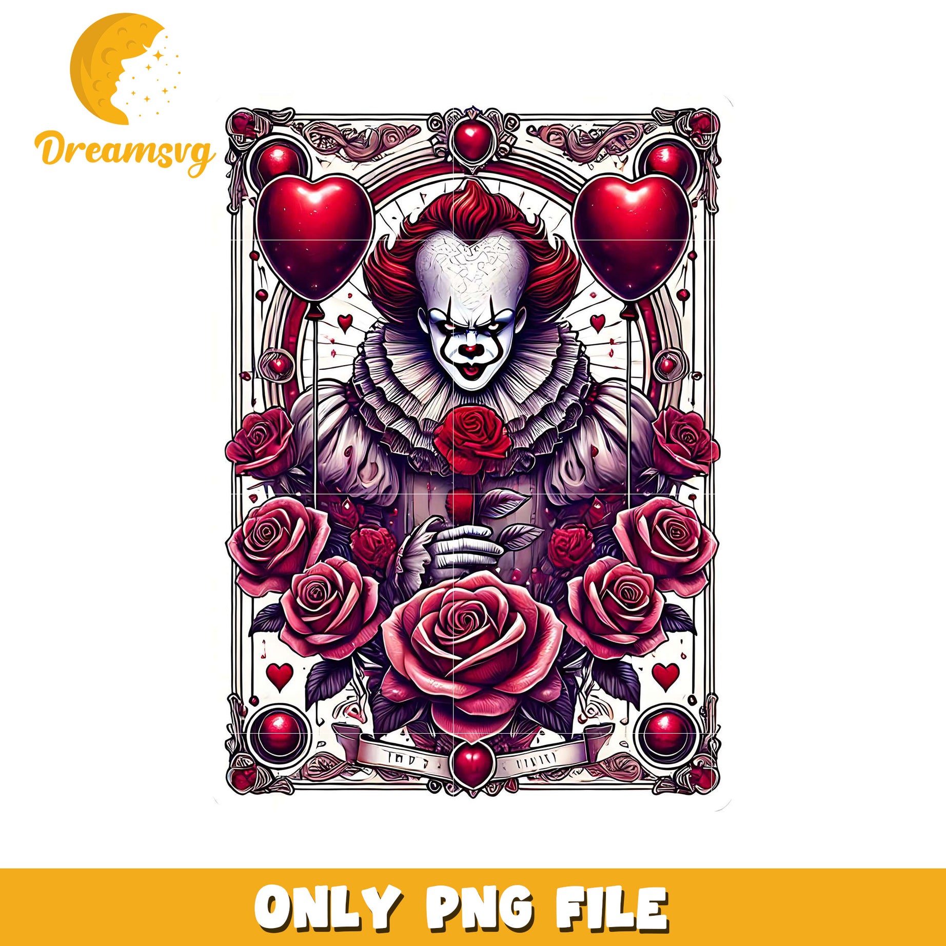 Creepy Clown Art with Roses Heart PNG Graphic Download