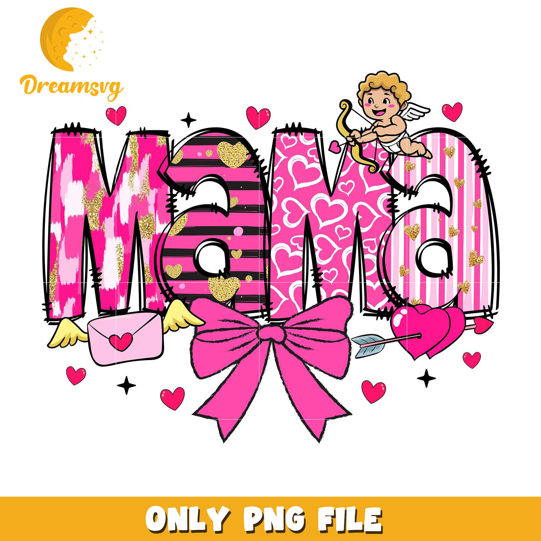 Cupid valentine mama bow png, valentine font png, groovy retro png