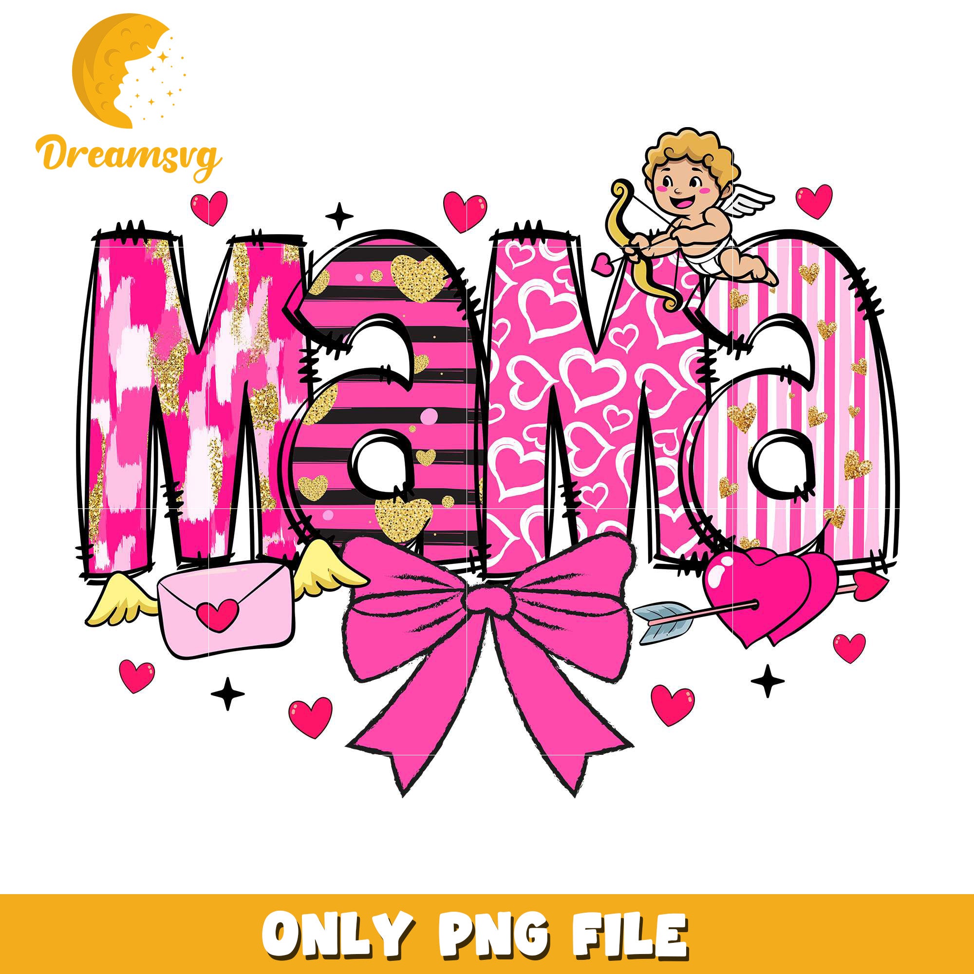 Cupid valentine mama bow png, valentine font png, groovy retro png