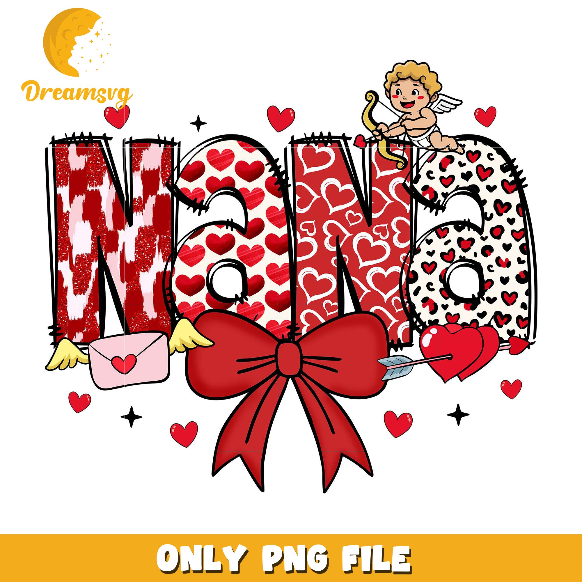 Cupid valentine nana bow png, valentine font png, groovy retro png