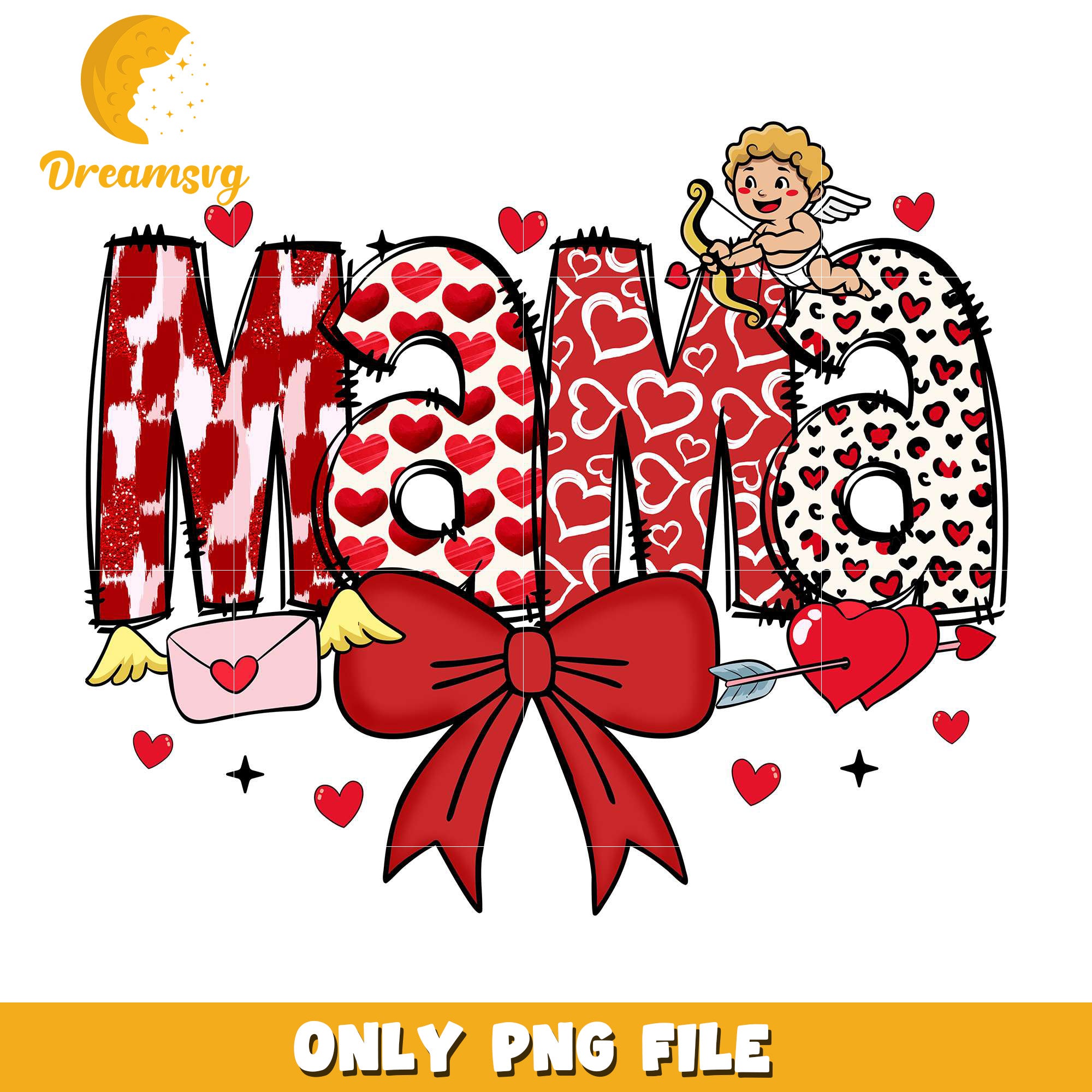 Cupid valentine red mama bow png, valentine font png, groovy retro png