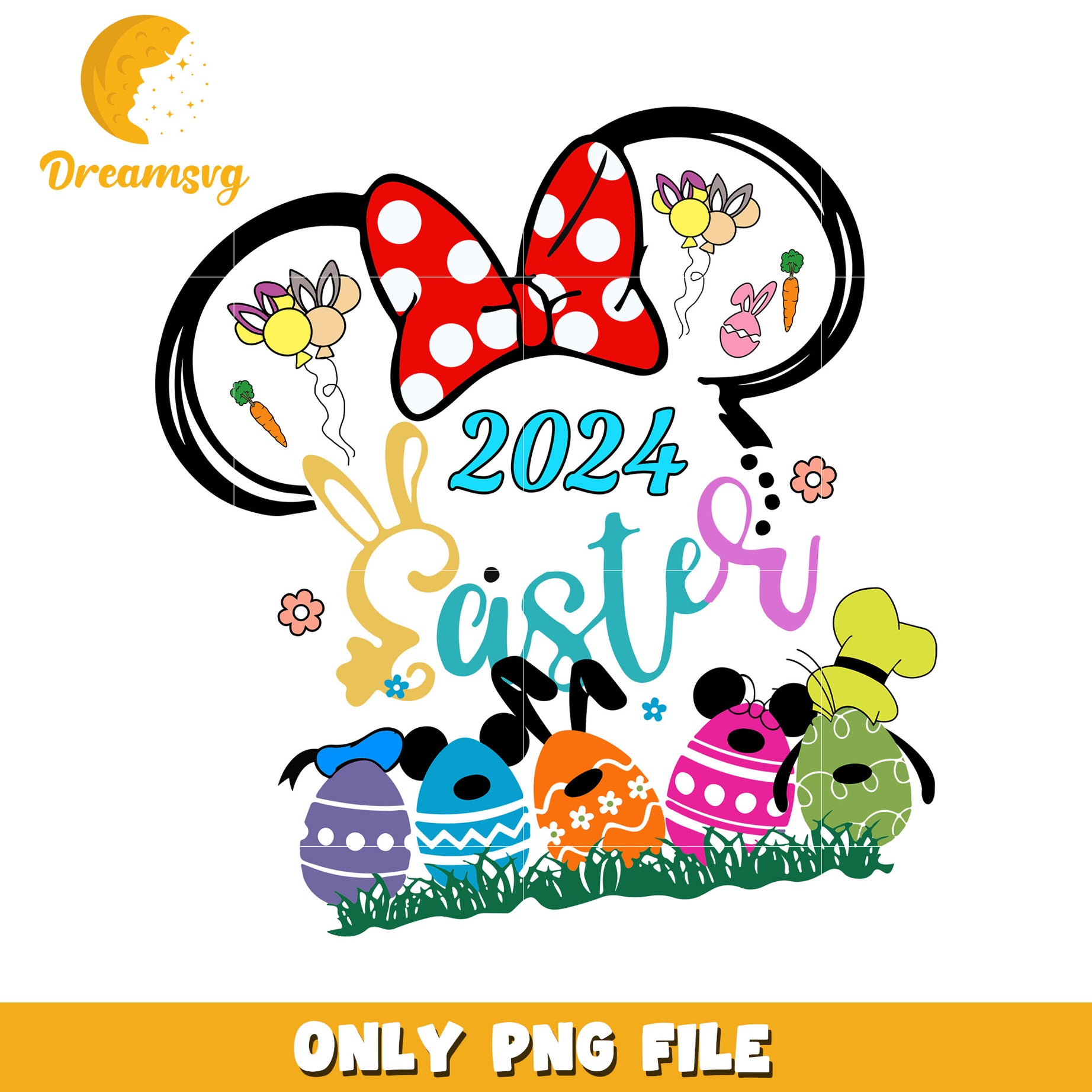 Cute 2024 Easter Design with Colorful Bunny and Eggs PNG