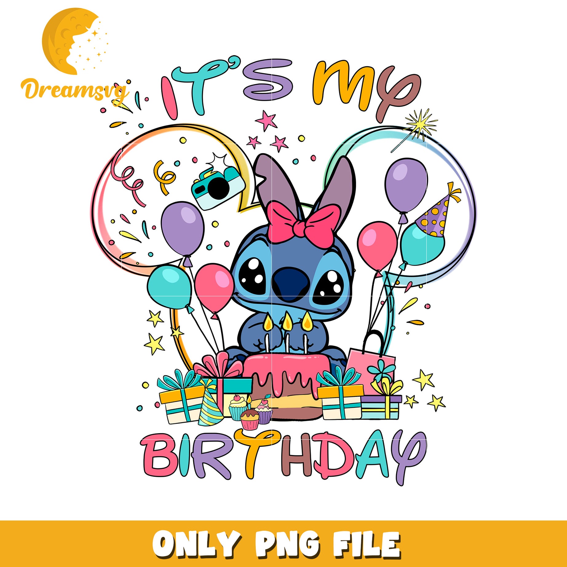 Cute Birthday Celebration PNG File with Balloons and Cake