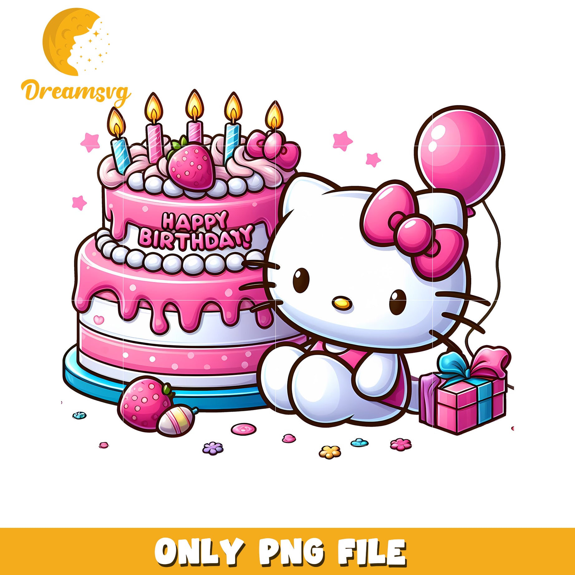 Cute Birthday Hello Kitty PNG File with Cake and Balloons