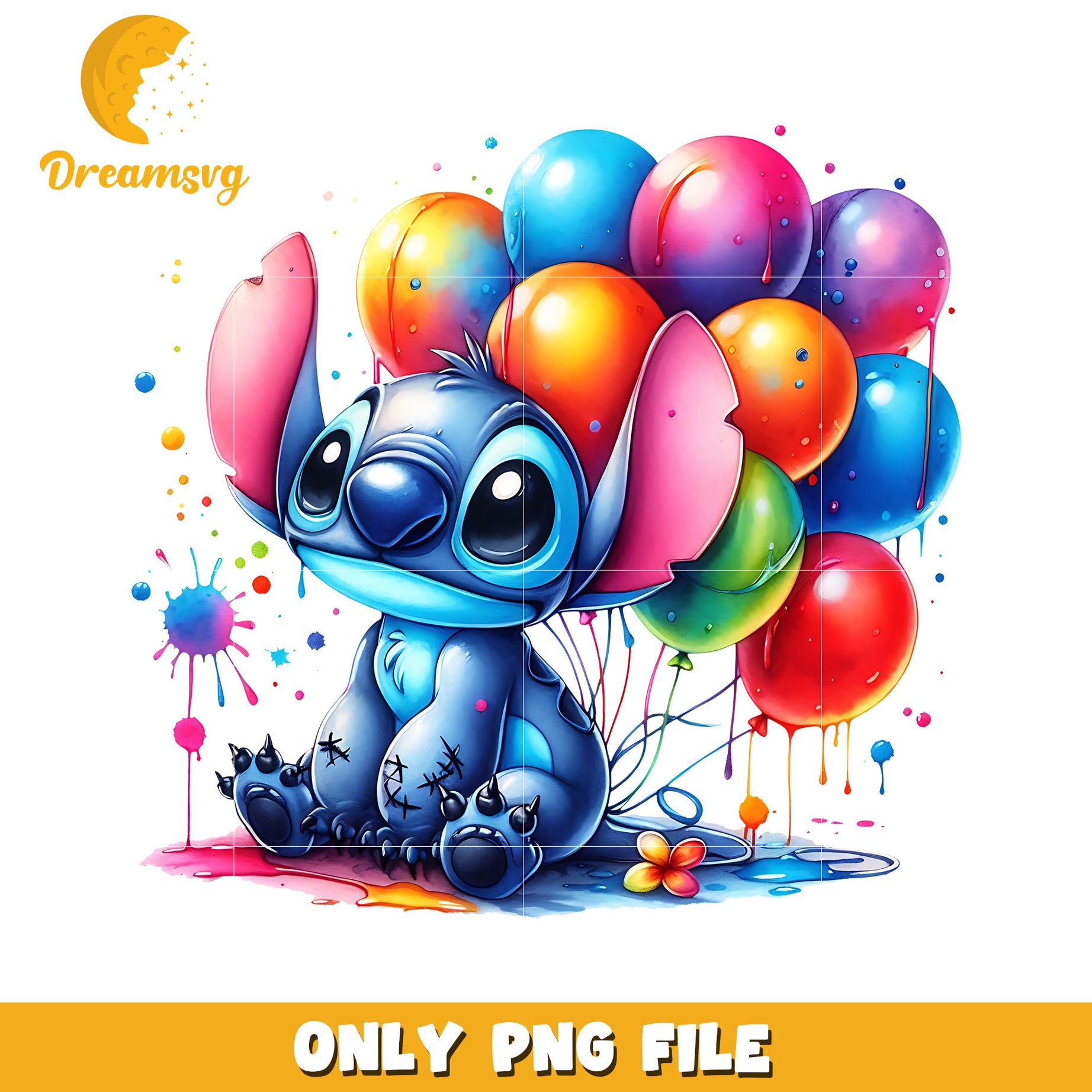 Cute Blue Character with Colorful Balloons PNG Art