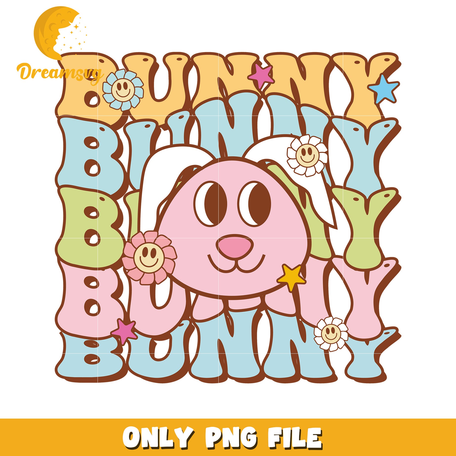 Cute Bunny Design with Colorful Flowers and Stars PNG