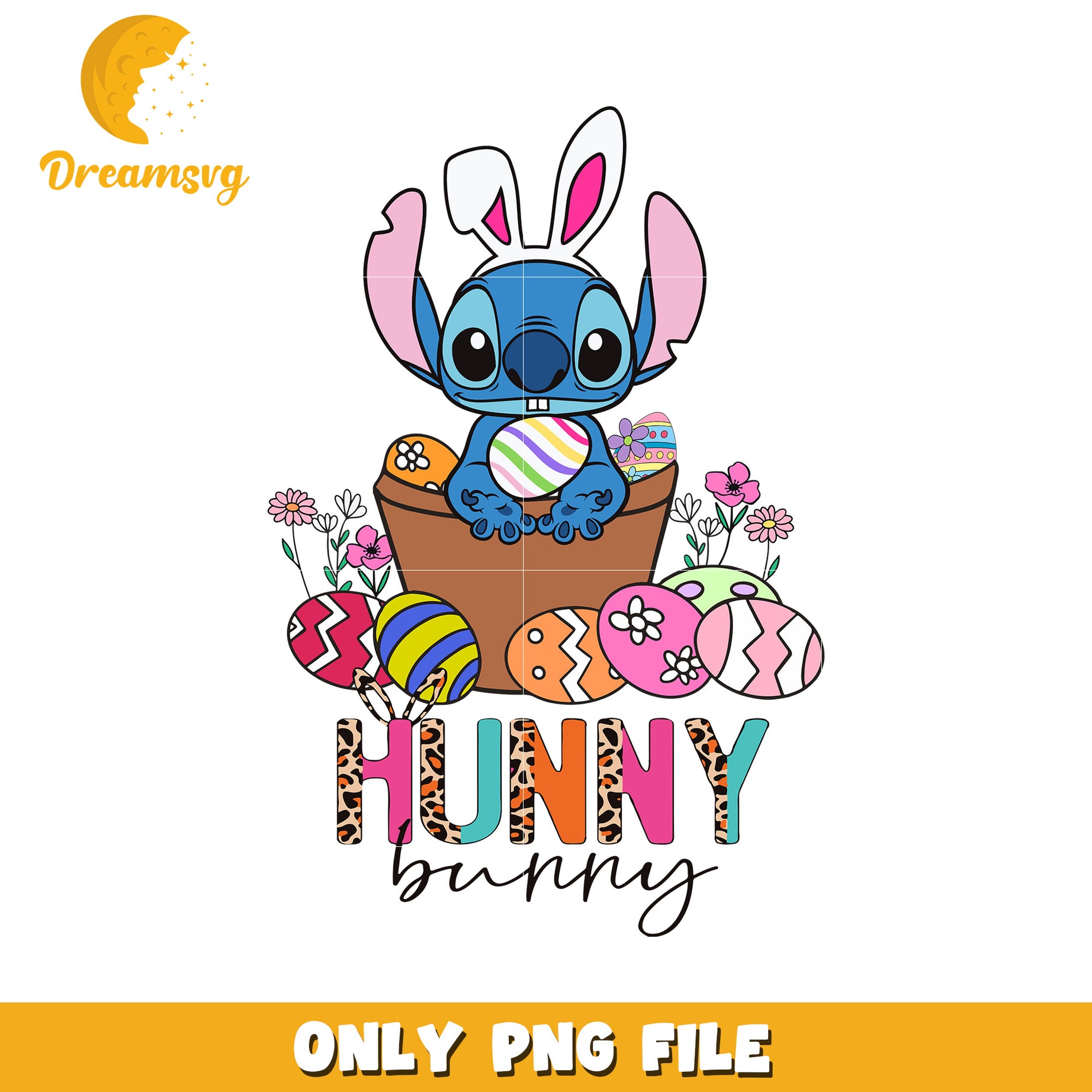 Cute Bunny Easter PNG Design with Colorful Eggs and Flowers