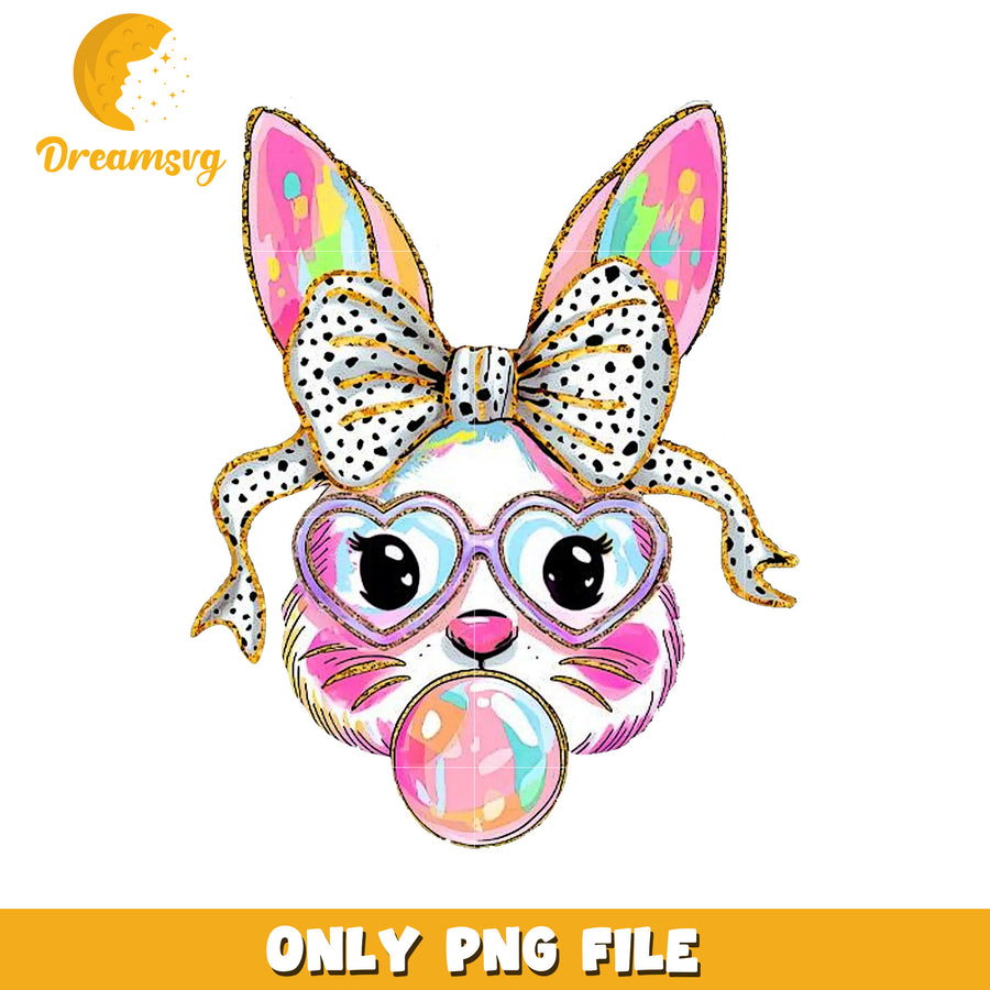 Cute Bunny PNG Kawaii Rabbit with Bow and Bubblegum