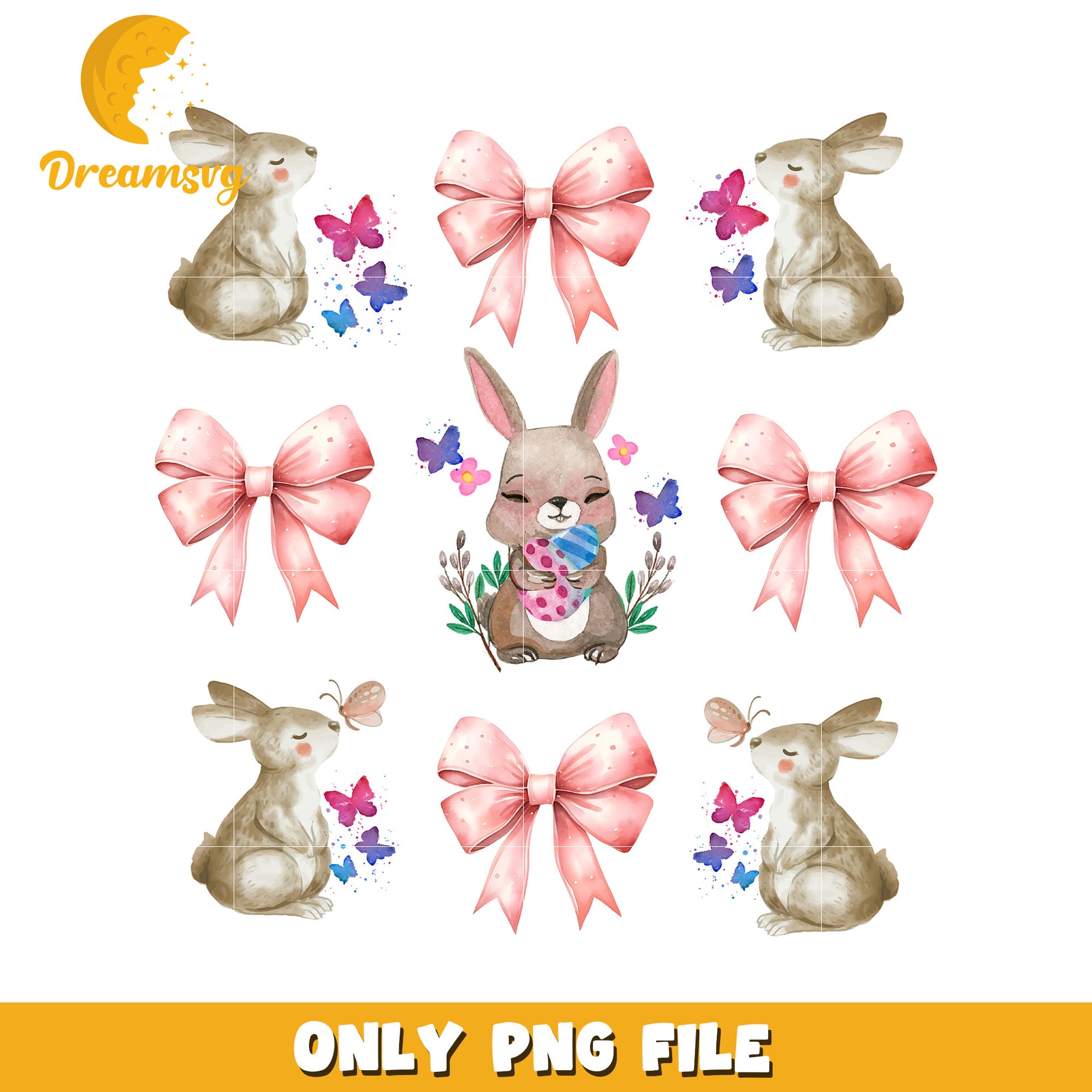 Cute Bunny and Bow Pattern for Spring Decor PNG Image