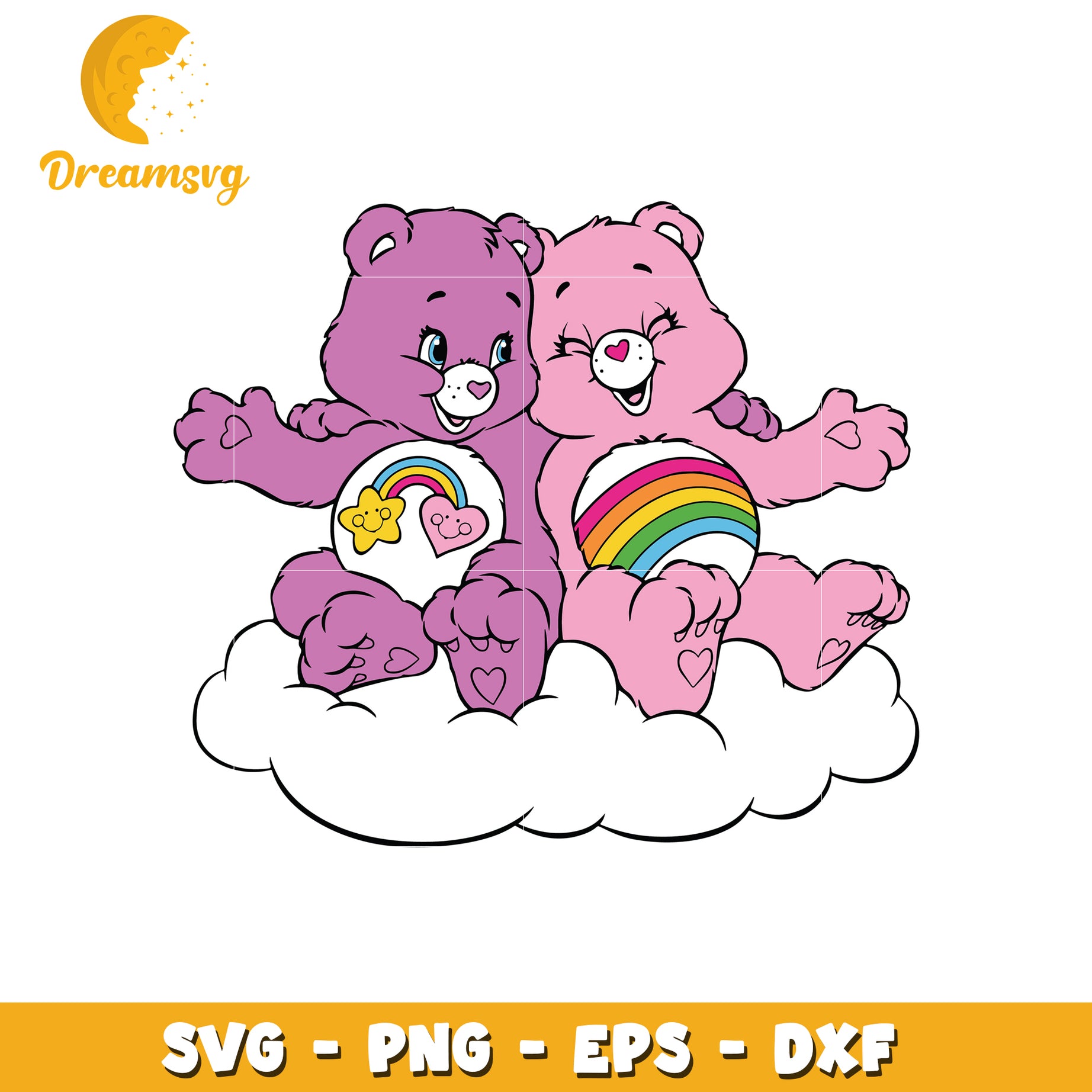 Cute Care Bears SVG Pair Sitting on Cloud with Rainbows and Hearts