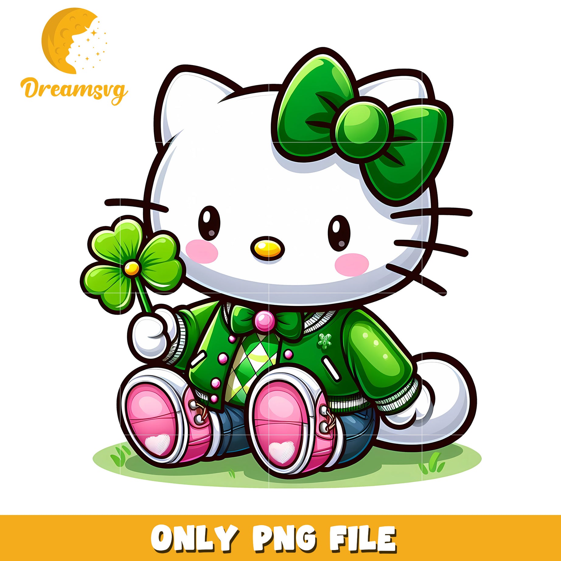 Cute Cartoon Cat with Green Bow and Clover PNG File Image