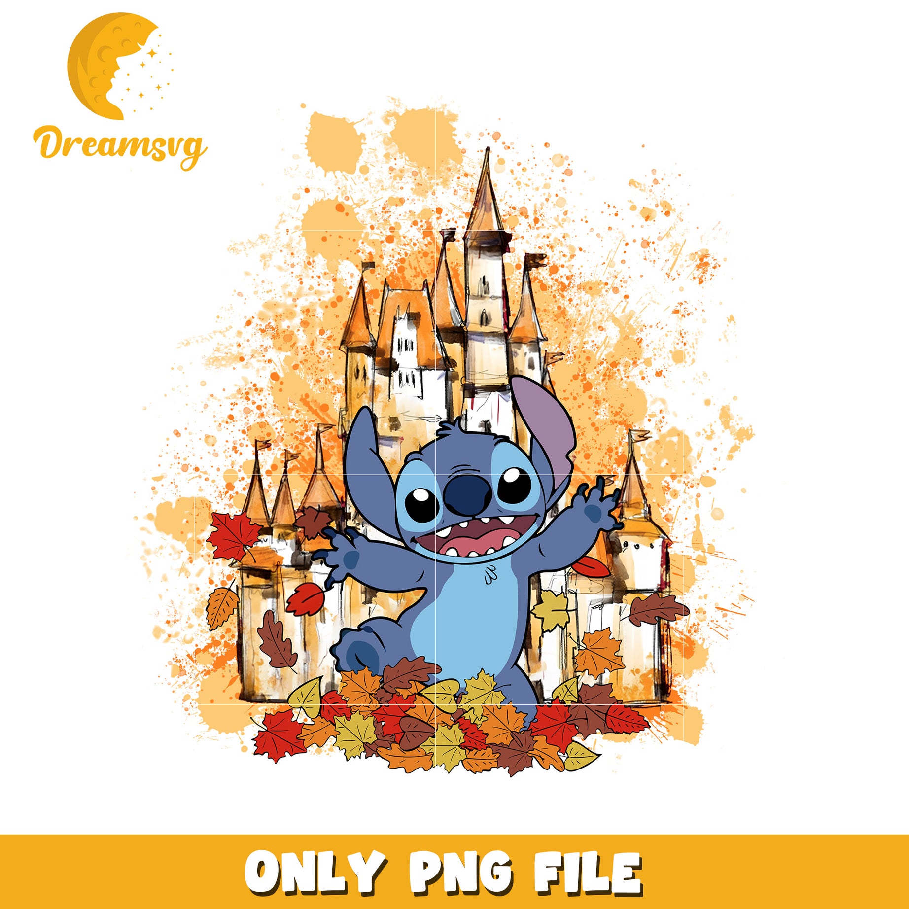 Cute Cartoon Character with Castle and Autumn Leaves PNG