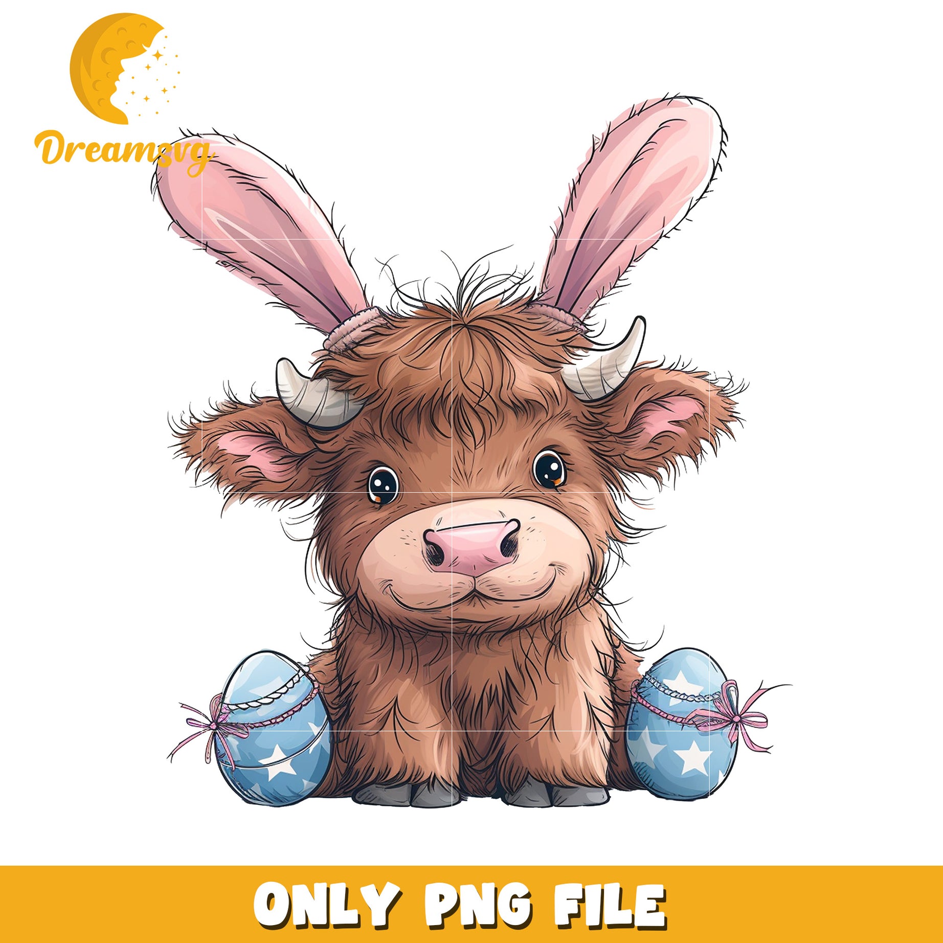 Cute Cartoon Cow with Bunny Ears and Easter Eggs PNG Image