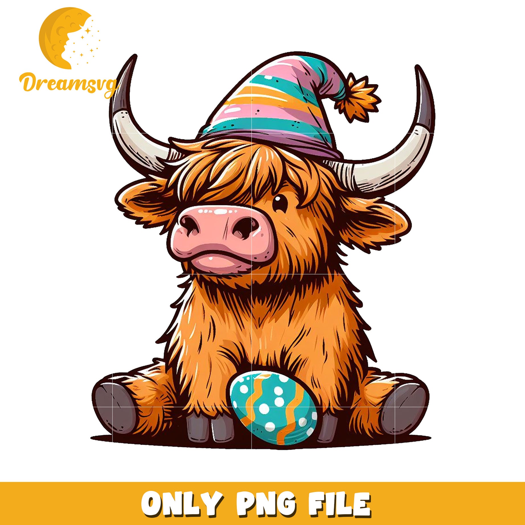 Cute Cartoon Highland Cow with Easter Egg PNG File