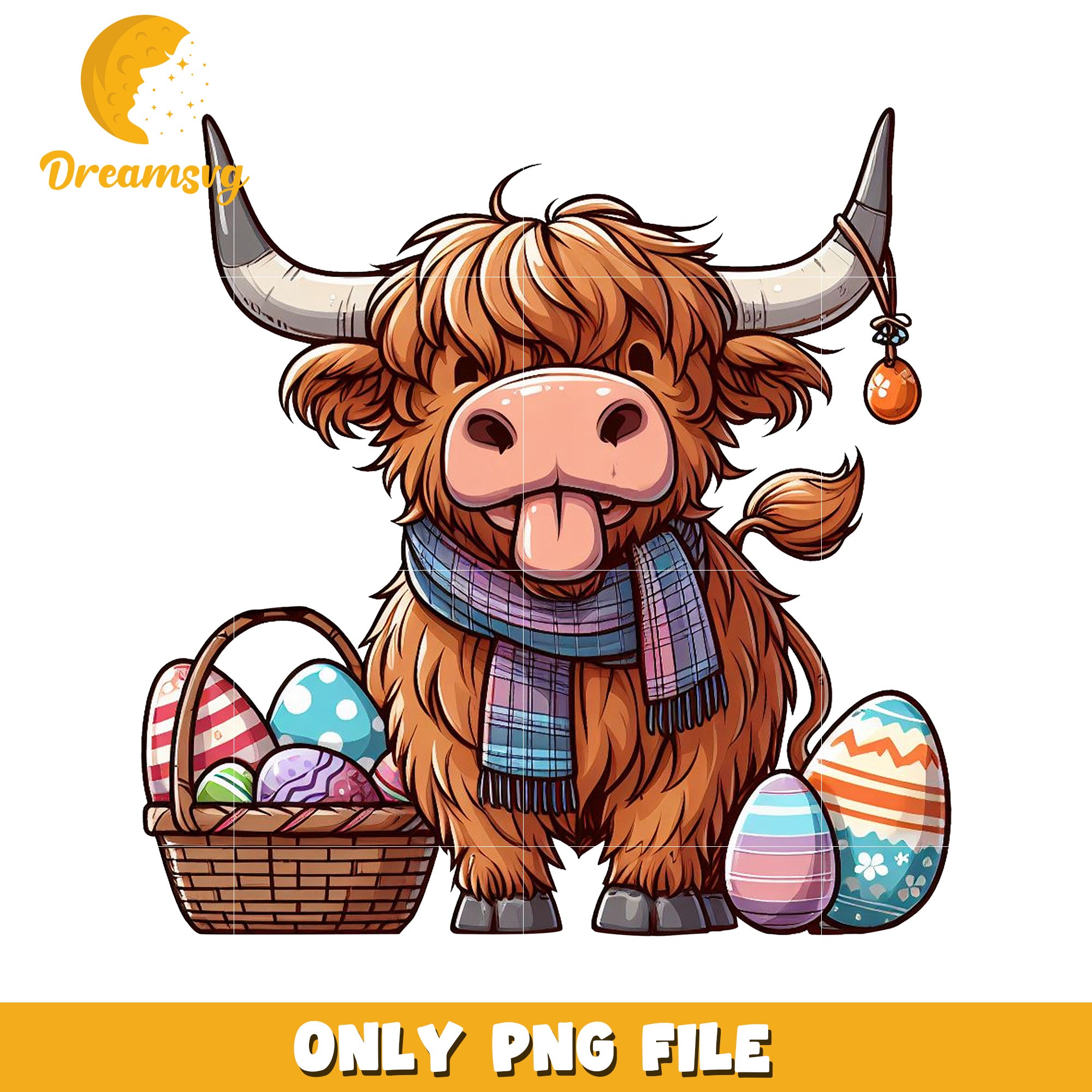 Cute Cartoon Highland Cow with Easter Eggs PNG File