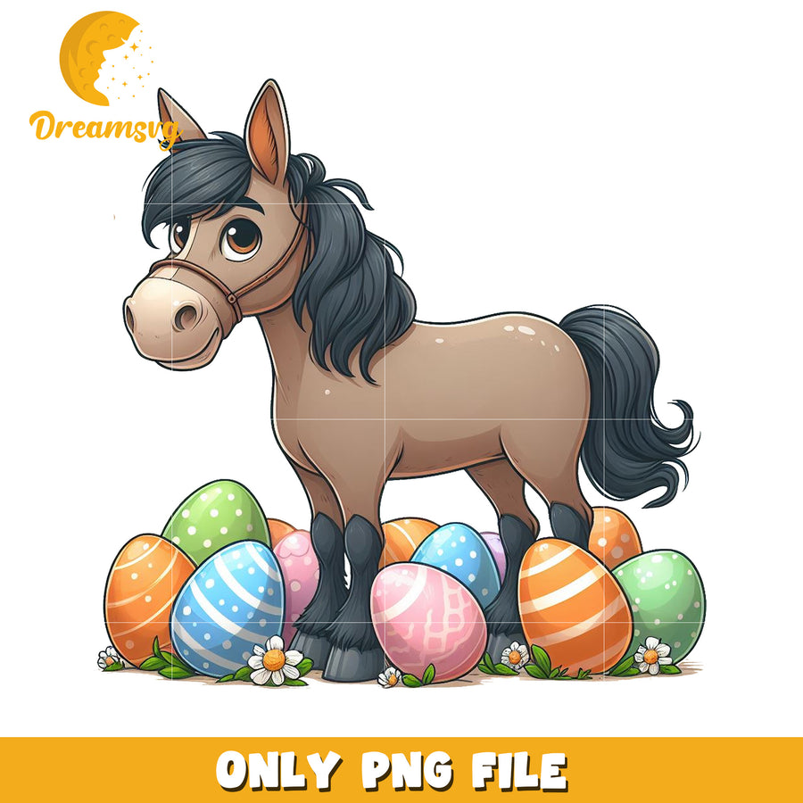 Cute Cartoon Horse with Easter Eggs PNG File Download