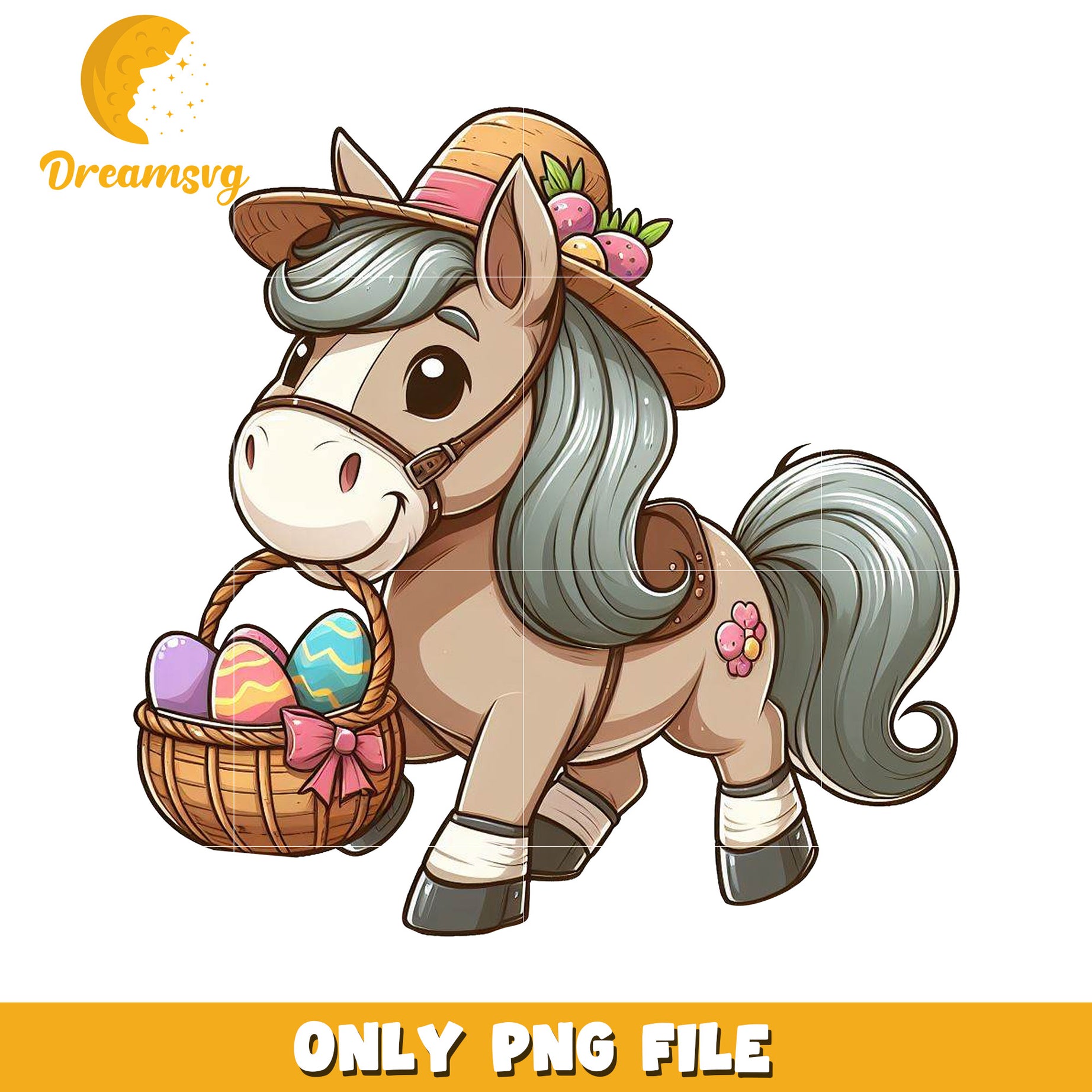 Cute Cartoon Pony with Easter Basket PNG File Download