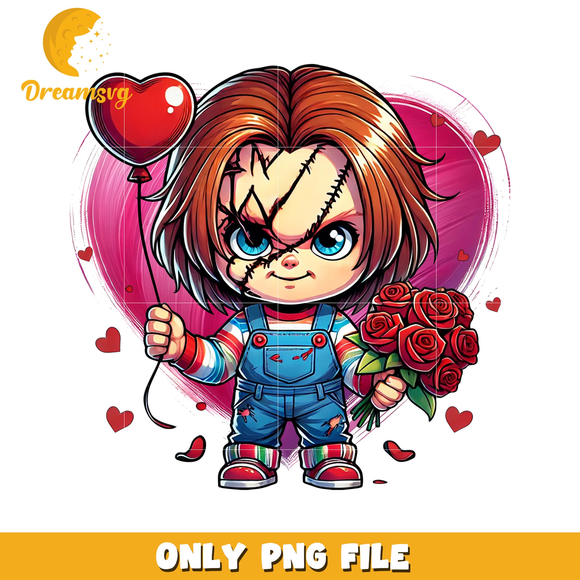 Cute Chucky Character with Roses and Heart Balloon PNG