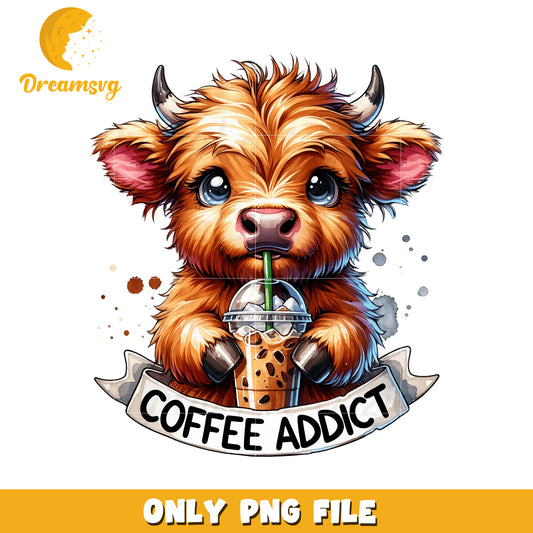 Cute Coffee Addict Highland Cow PNG Digital Download Art