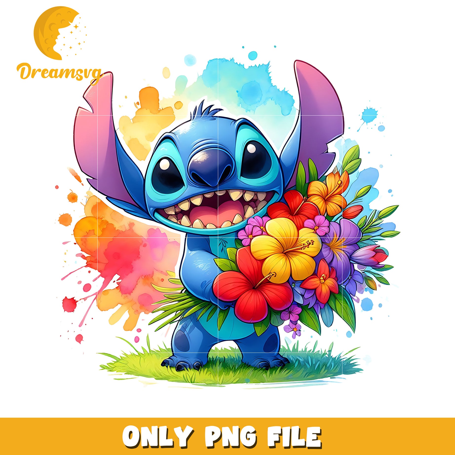 Cute Colorful Stitch Character with Flowers PNG File