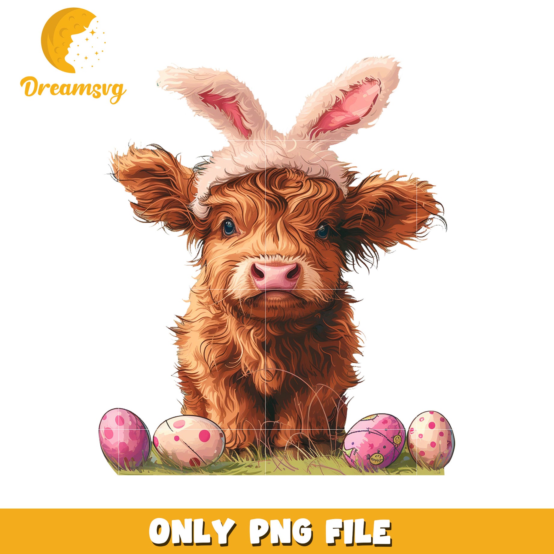 Cute Cow with Bunny Ears and Easter Eggs PNG Design File