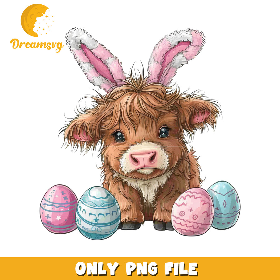 Cute Cow with Bunny Ears and Easter Eggs PNG File Download