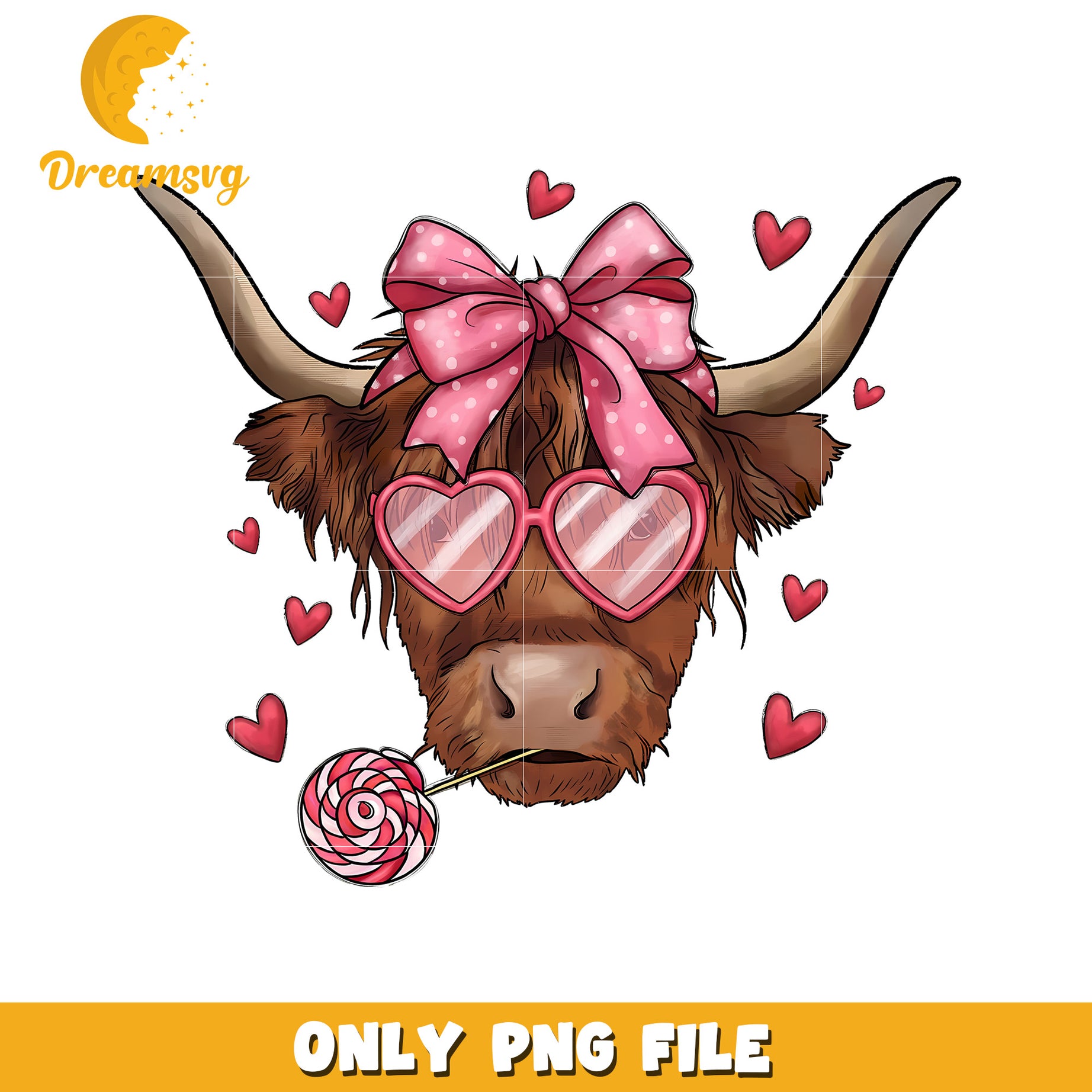 Cute Cow with Hearts and Lollipop PNG Graphic Design