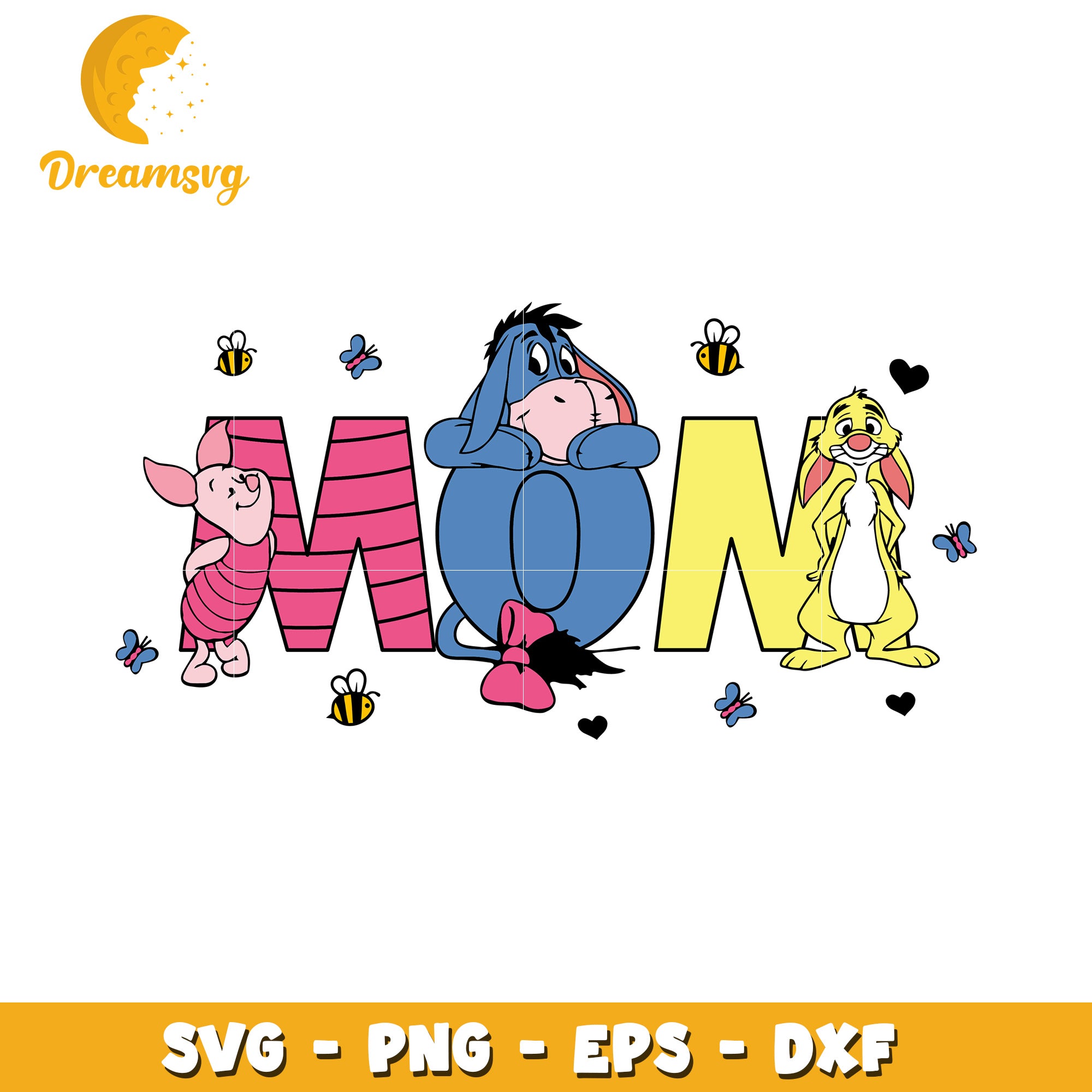 Cute Disney Mom SVG Design with Eeyore Piglet and Rabbit Characters