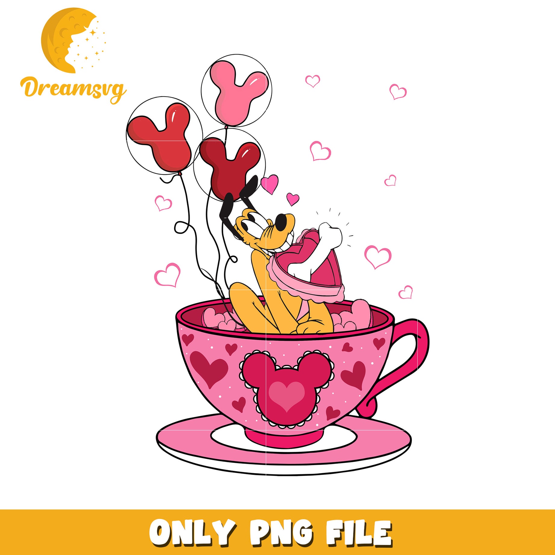 Cute Dog in Heart Cup with Balloons PNG Image Download