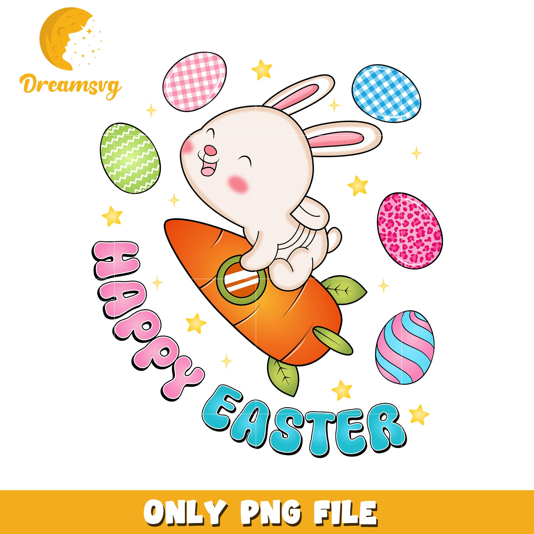 Cute Easter Bunny Riding a Carrot with Colorful Eggs PNG