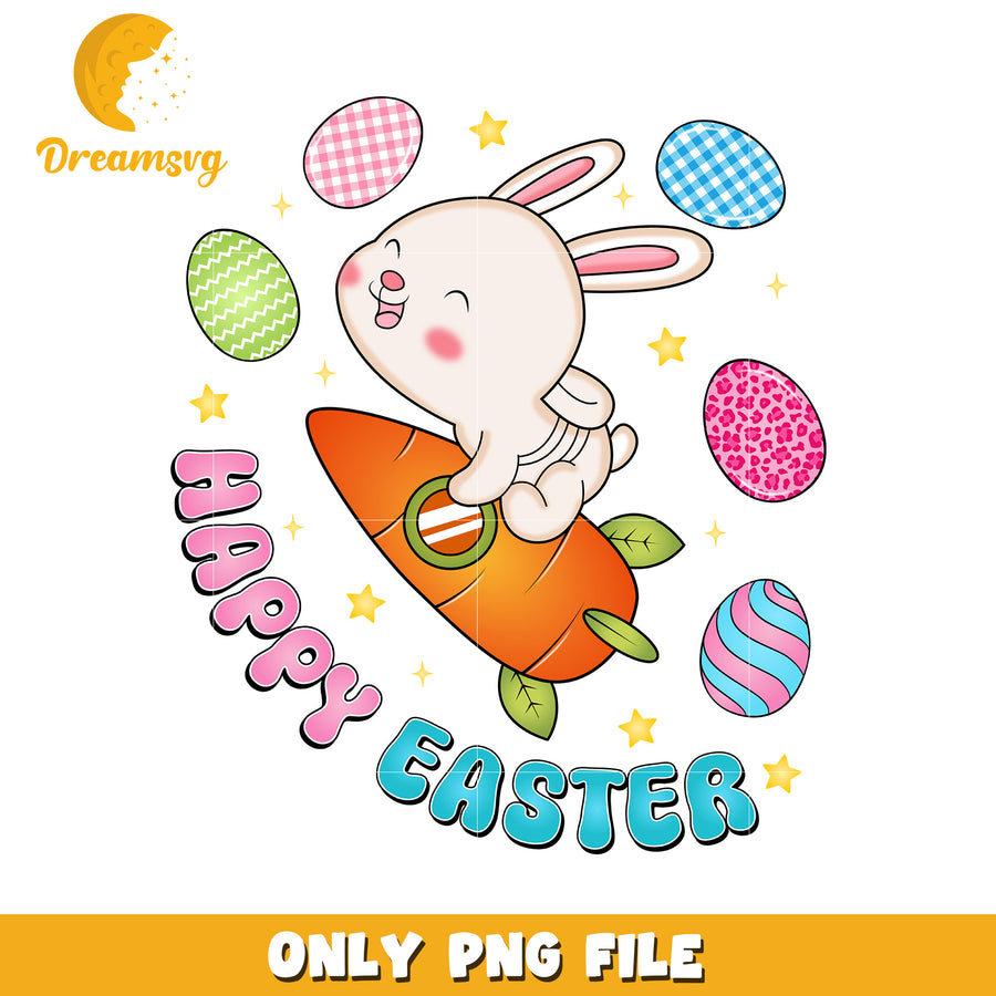 Cute Easter Bunny Riding a Carrot with Colorful Eggs PNG