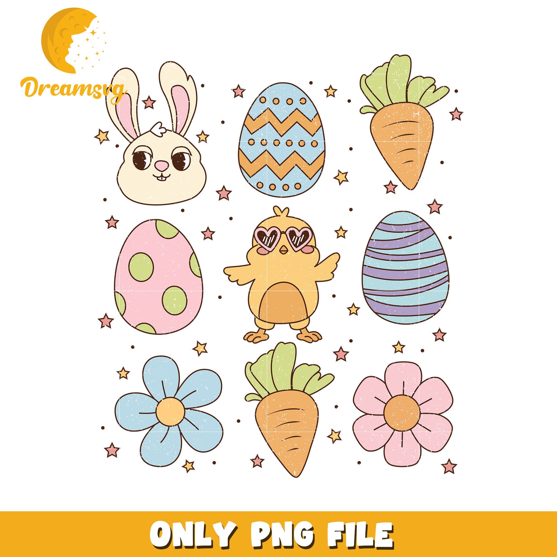 Cute Easter Bunny, Chick, Eggs PNG
