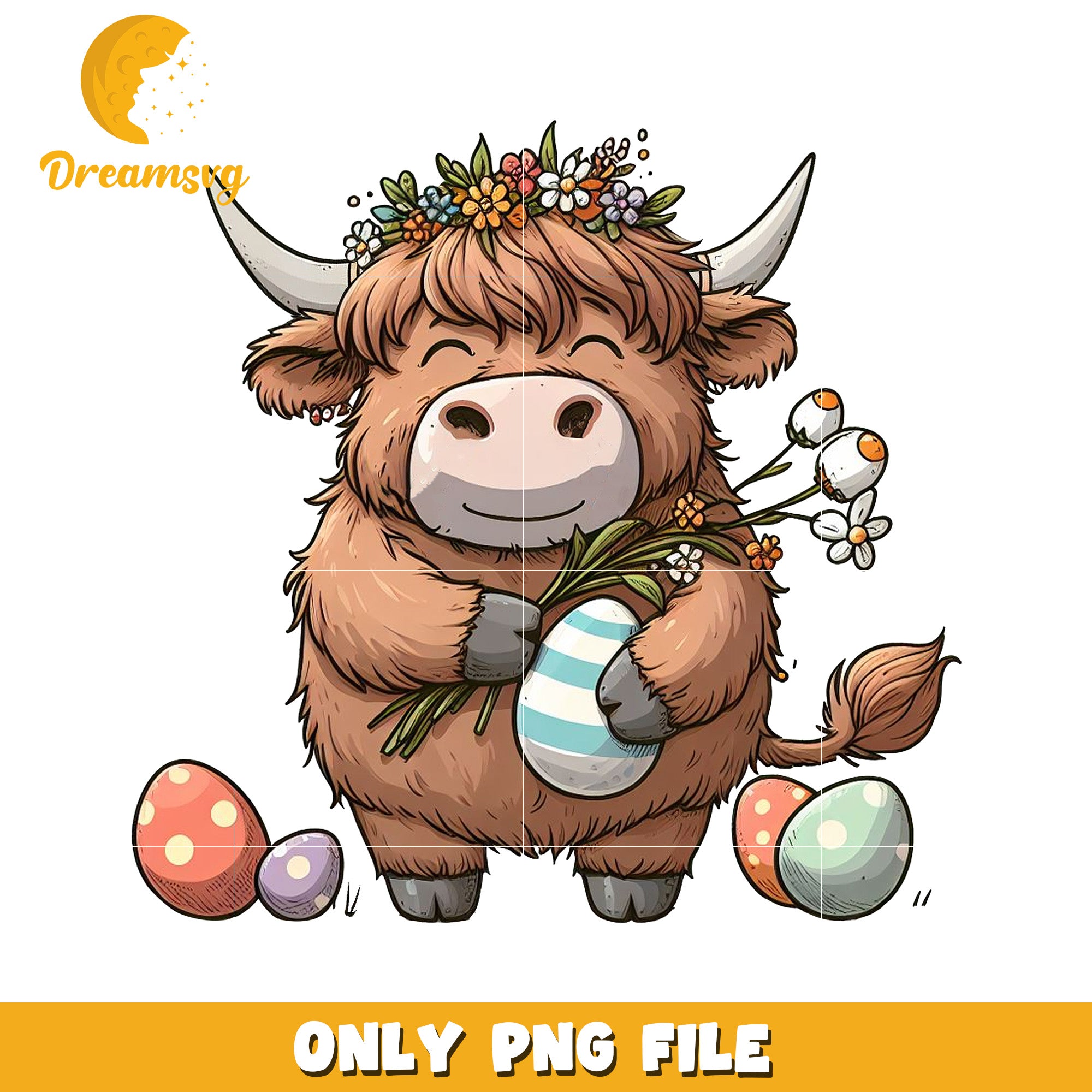 Cute Easter Highland Cow PNG File for Spring Decor